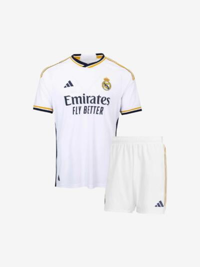Kids-Real-Madrid-Home-Jersey-And-Shorts-23-24-Season-Premium-Front