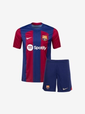 Kids-Barcelona-Home-Jersey-And-Shorts-23-24-Season-Premium-Front