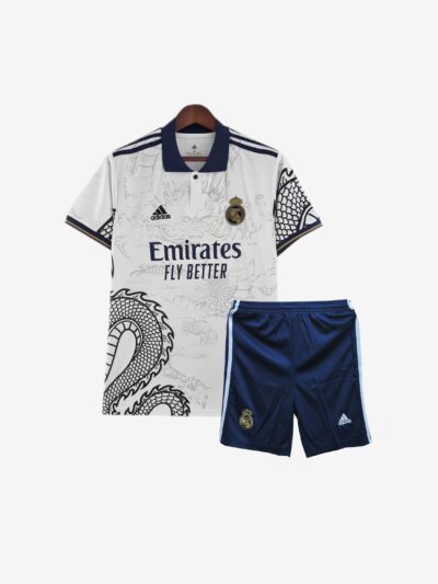 Kids-Real-Madrid-Dragon-Edition-White-Jersey-And-Shorts-23-24-Season-Premium-Front