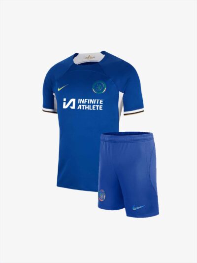 Kids-Chlesea-Home-Jersey-And-Shorts-23-24-Season-Premium-Infinite-Athlete-Logo-Front