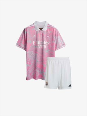 Kids-Real-Madrid-Pink-Dragon-Jersey-And-Shorts-23-24-Season-Front