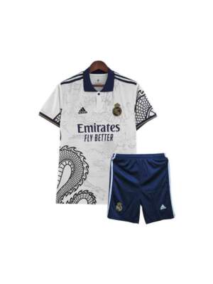 Kids-Real-Madrid-Dragon-Edition-White-Jersey-And-Shorts-23-24-Season-Premium-Front